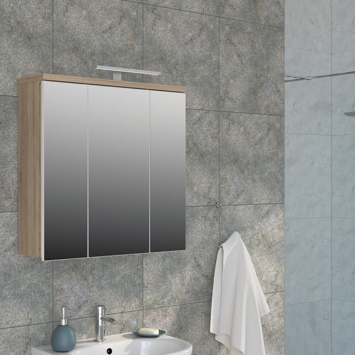 Veris 3 Door Mirrored Bathroom Cabinet with Integrated LED Lighting – Sonoma Oak & White Gloss