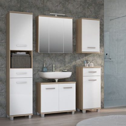 Veris 3 Door Mirrored Bathroom Cabinet with Integrated LED Lighting – Sonoma Oak & White Gloss