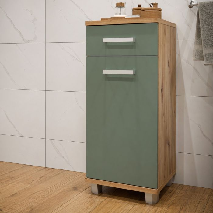 Veris Bathroom Cupboard with 1 Door & 1 Drawer in Artisan Oak and Sage Green