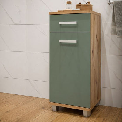 Veris Bathroom Cupboard with 1 Door & 1 Drawer in Artisan Oak and Sage Green