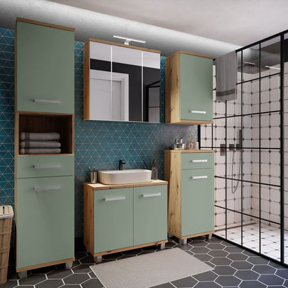 Veris Bathroom Cupboard with 1 Door & 1 Drawer in Artisan Oak and Sage Green