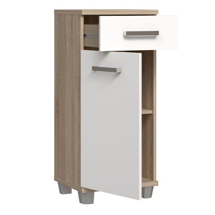 Veris Bathroom Cupboard with 1 Door & 1 Drawer in Sonoma Oak and White Gloss