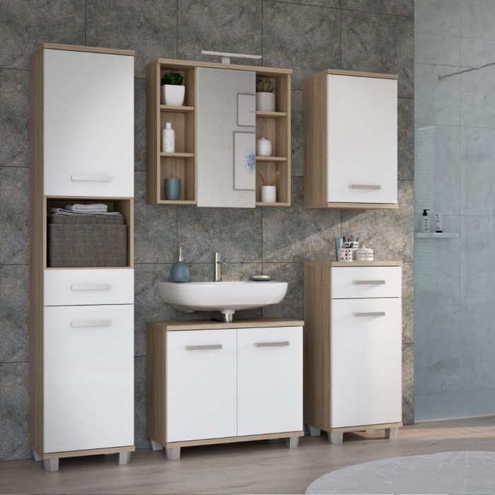 Veris Bathroom Cupboard with 1 Door & 1 Drawer in Sonoma Oak and White Gloss