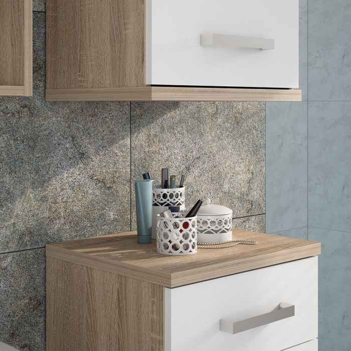 Veris Bathroom Cupboard with 1 Door & 1 Drawer in Sonoma Oak and White Gloss