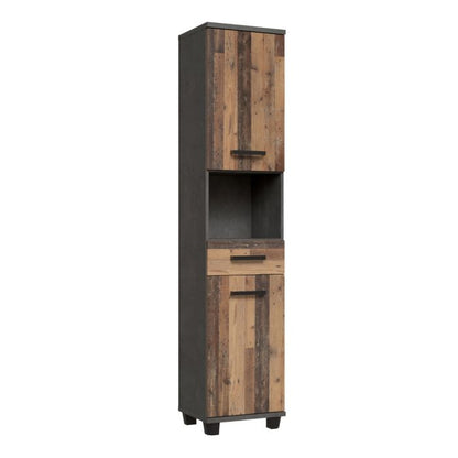 Veris Tall Narrow Bathroom Cupboard with 2 Doors & 1 Drawer in Walnut and Dark Grey