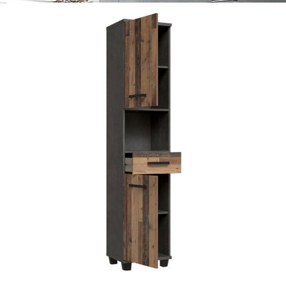 Veris Tall Narrow Bathroom Cupboard with 2 Doors & 1 Drawer in Walnut and Dark Grey