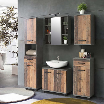 Veris Tall Narrow Bathroom Cupboard with 2 Doors & 1 Drawer in Walnut and Dark Grey