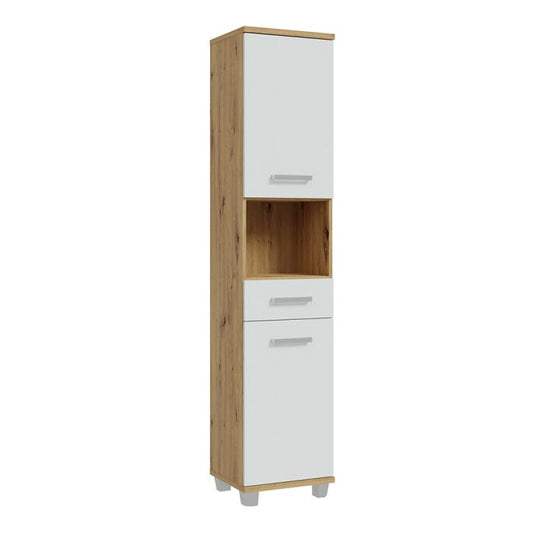 Veris Tall Narrow Bathroom Cupboard with 2 Doors & 1 Drawer in Sonoma Oak and White Gloss