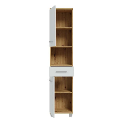 Veris Tall Narrow Bathroom Cupboard with 2 Doors & 1 Drawer in Sonoma Oak and White Gloss