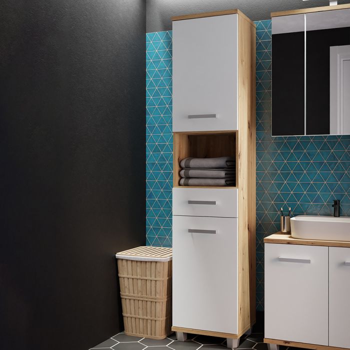 Veris Tall Narrow Bathroom Cupboard with 2 Doors & 1 Drawer in Sonoma Oak and White Gloss
