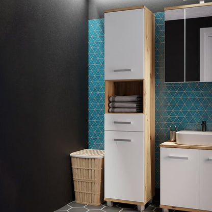Veris Tall Narrow Bathroom Cupboard with 2 Doors & 1 Drawer in Sonoma Oak and White Gloss