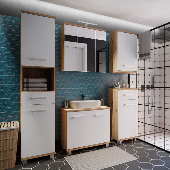 Veris Tall Narrow Bathroom Cupboard with 2 Doors & 1 Drawer in Sonoma Oak and White Gloss
