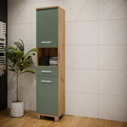 Veris Tall Narrow Bathroom Cupboard with 2 Doors & 1 Drawer in Artisan Oak and Sage Green
