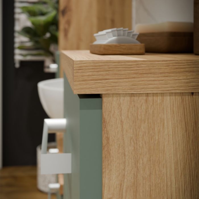 Veris Tall Narrow Bathroom Cupboard with 2 Doors & 1 Drawer in Artisan Oak and Sage Green