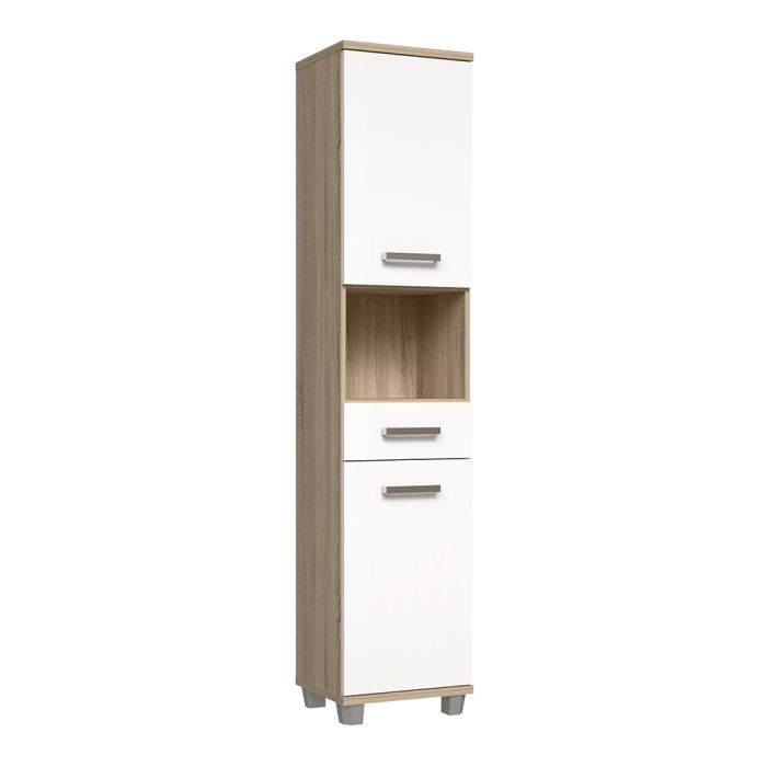 Veris Tall Narrow Bathroom Cupboard with 2 Doors & 1 Drawer in Sonoma Oak and White High Gloss