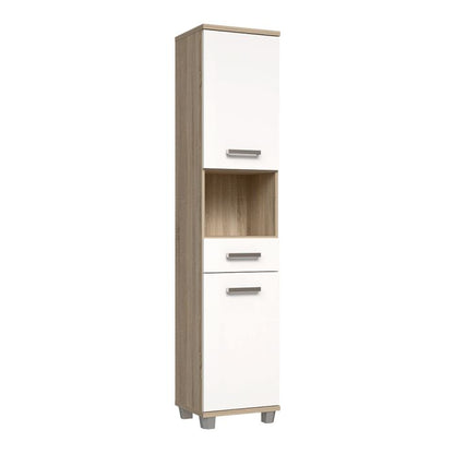 Veris Tall Narrow Bathroom Cupboard with 2 Doors & 1 Drawer in Sonoma Oak and White High Gloss