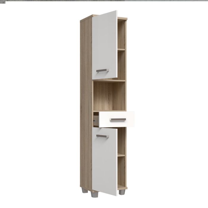 Veris Tall Narrow Bathroom Cupboard with 2 Doors & 1 Drawer in Sonoma Oak and White High Gloss