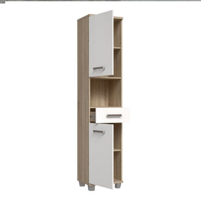 Veris Tall Narrow Bathroom Cupboard with 2 Doors & 1 Drawer in Sonoma Oak and White High Gloss