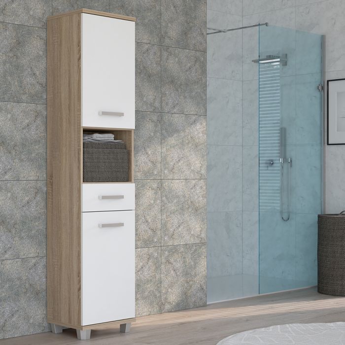 Veris Tall Narrow Bathroom Cupboard with 2 Doors & 1 Drawer in Sonoma Oak and White High Gloss
