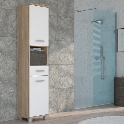Veris Tall Narrow Bathroom Cupboard with 2 Doors & 1 Drawer in Sonoma Oak and White High Gloss