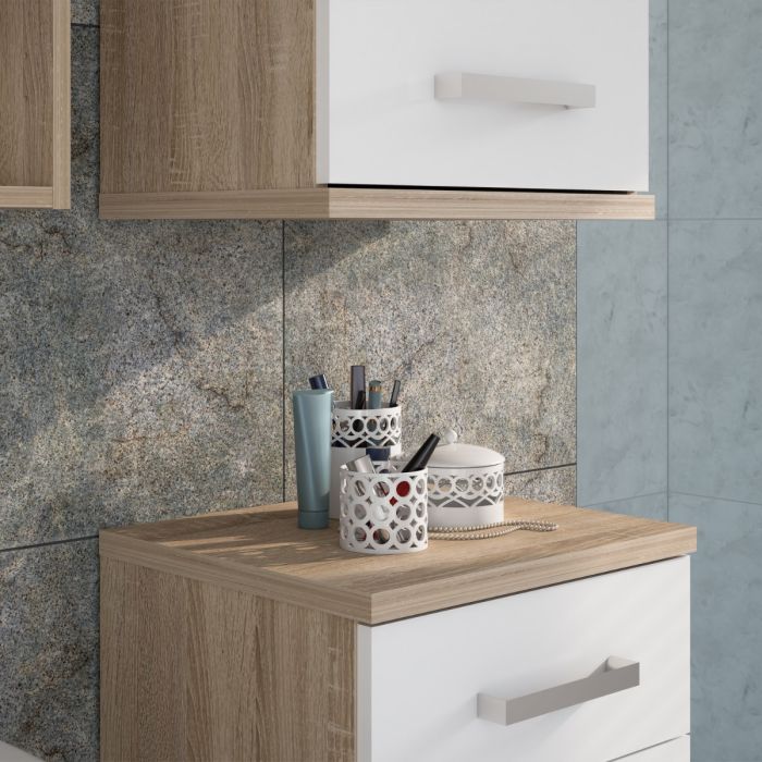Veris Tall Narrow Bathroom Cupboard with 2 Doors & 1 Drawer in Sonoma Oak and White High Gloss