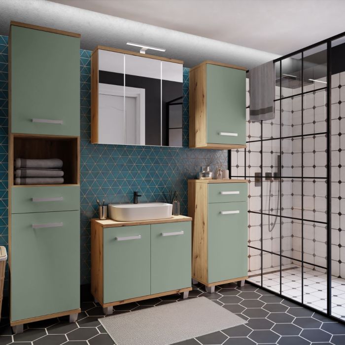 Veris Under Sink Vanity Unit with 2 Doors in Artisan Oak and Sage Green Doors