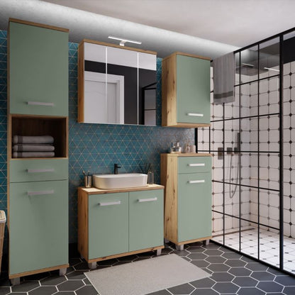 Veris Under Sink Vanity Unit with 2 Doors in Artisan Oak and Sage Green Doors