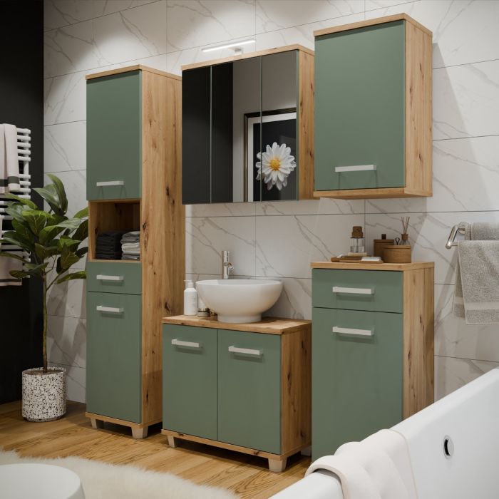 Veris Under Sink Vanity Unit with 2 Doors in Artisan Oak and Sage Green Doors