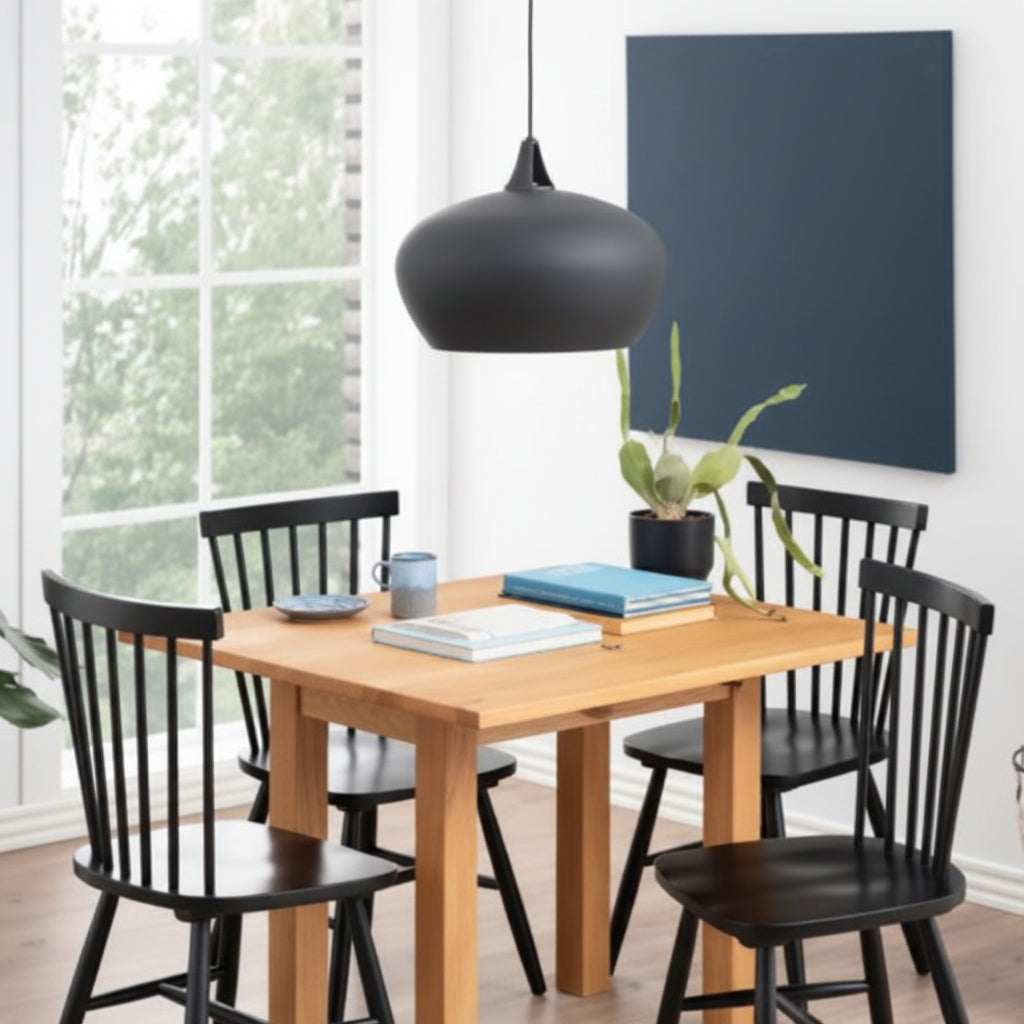 Kenley Extending Dining Table in Oak 45-90cm includes 4 Riano Dining Chairs in Black