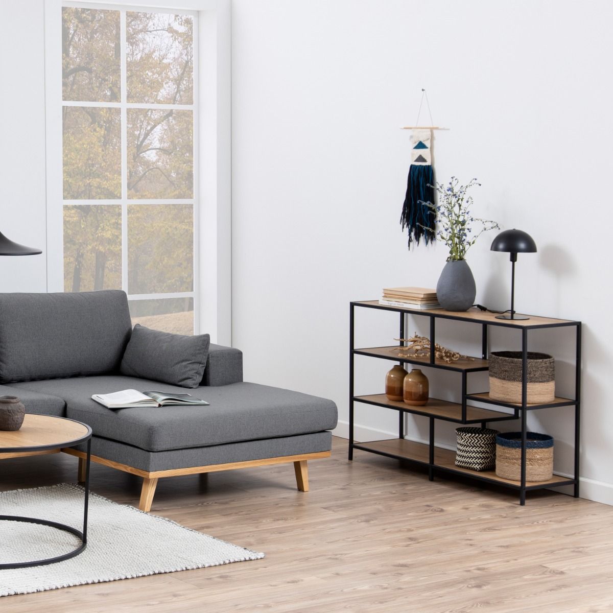 Seaford Wide Black Metal Bookcase with 4 Oak Shelves