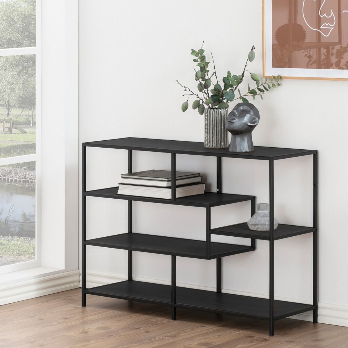 Seaford Wide Bookcase With Black Oak Shelves