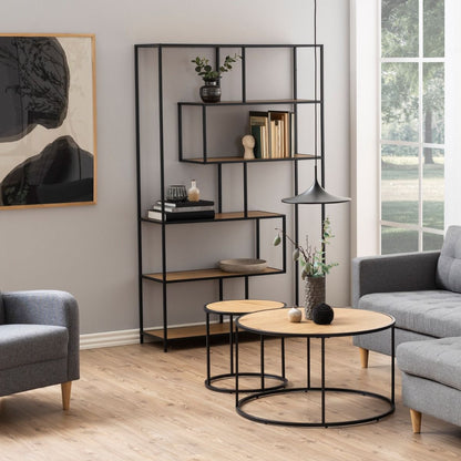 Seaford Large Asymmetrical Bookcase in Black with Oak Shelves