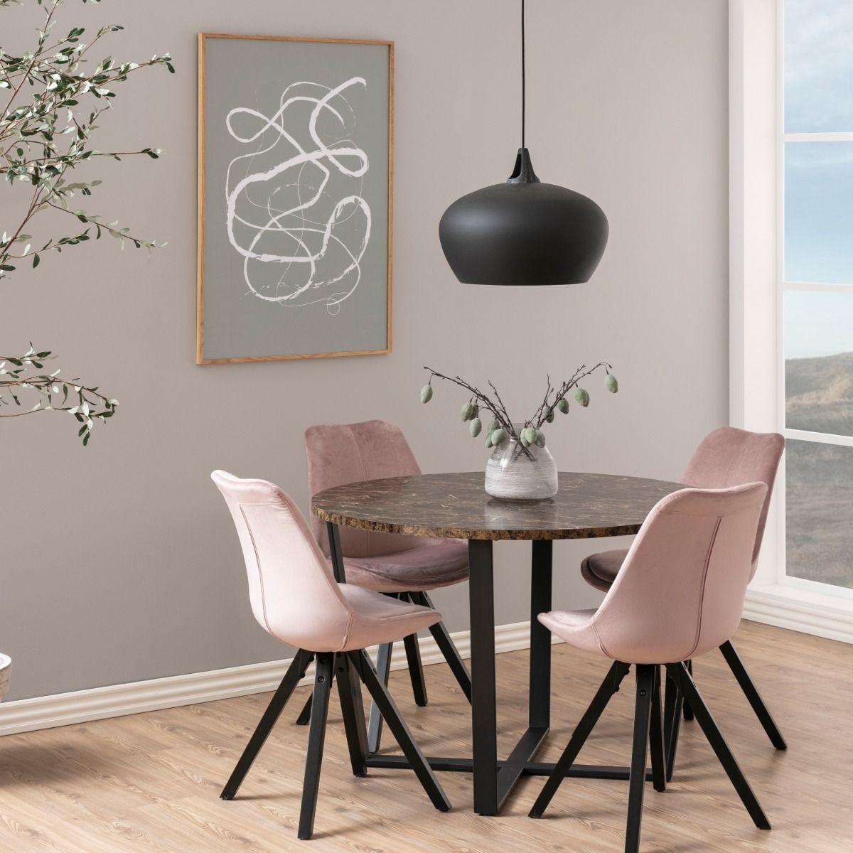 Amble Round Dining Table with Brown Marble Melamine Top & Black Legs 110x75cm