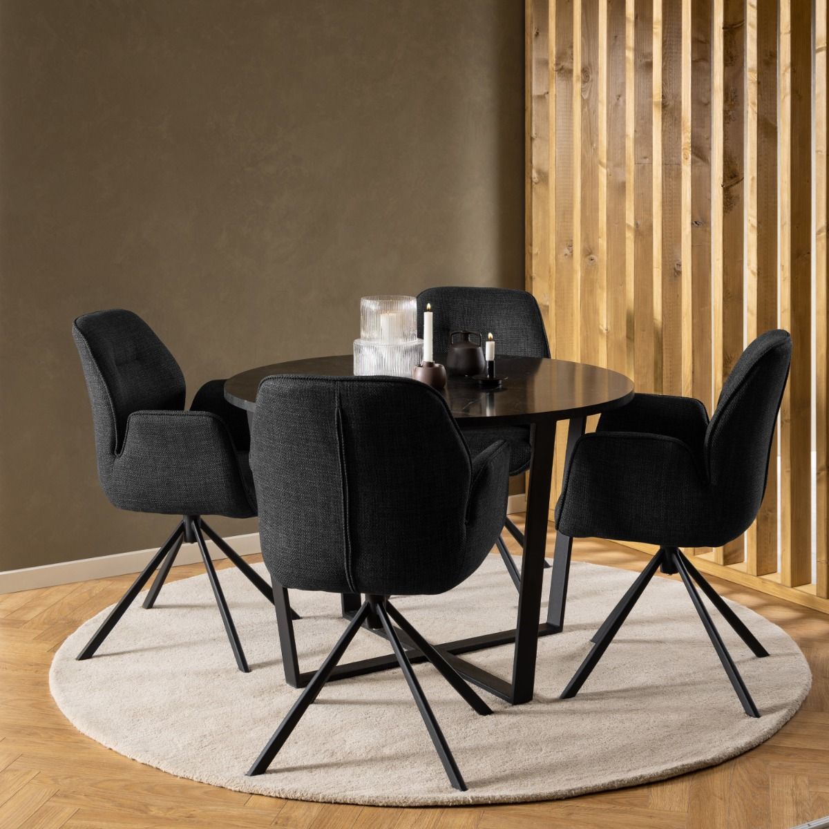 Amble Round Dining Table with Black Marble Melamine Top & Black Legs 110x75cm
