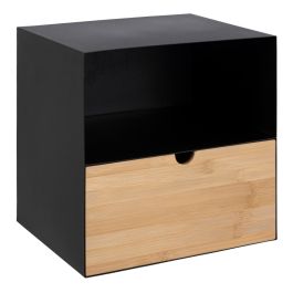 Joliet 1 Drawer Wall Mounted Bedside Table in Black and Bamboo