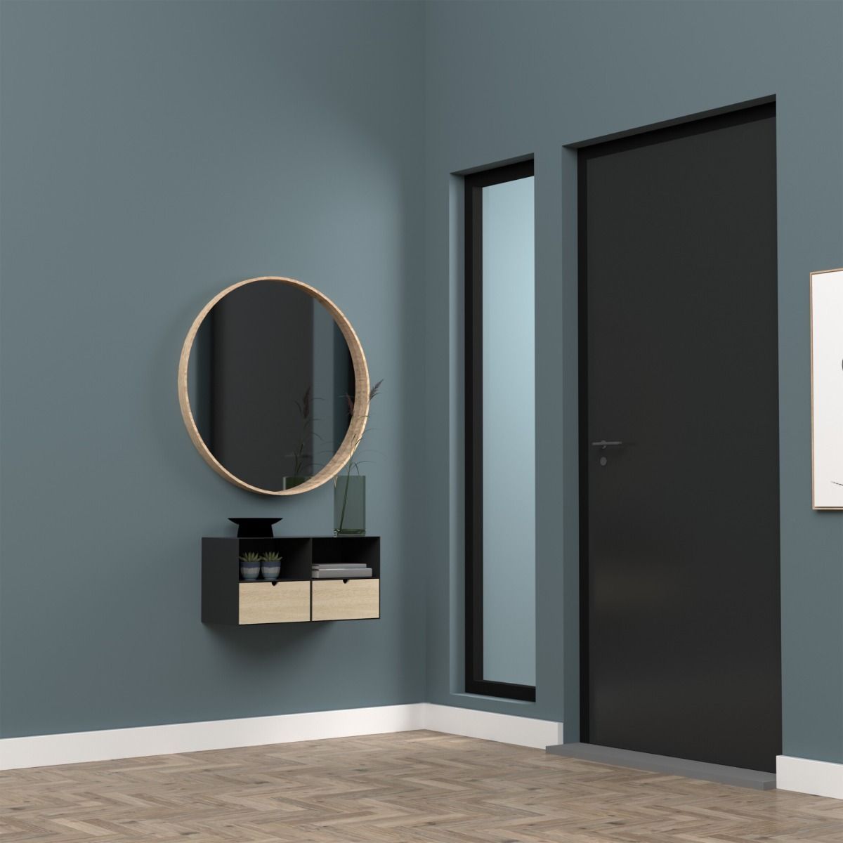 Joliet 1 Drawer Wall Mounted Bedside Table in Black and Bamboo