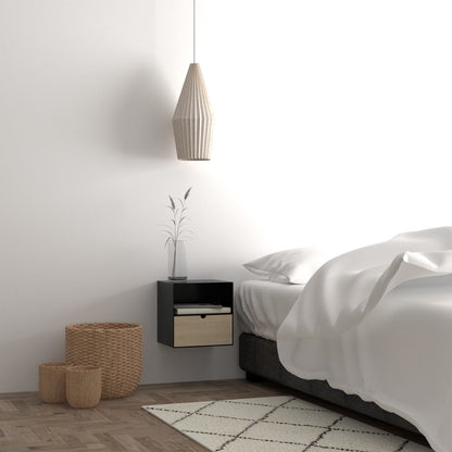 Joliet 1 Drawer Wall Mounted Bedside Table in Black and Bamboo