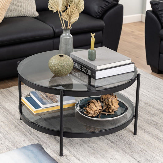 Bayonne Round Coffee Table with Smoked Glass Top in Black