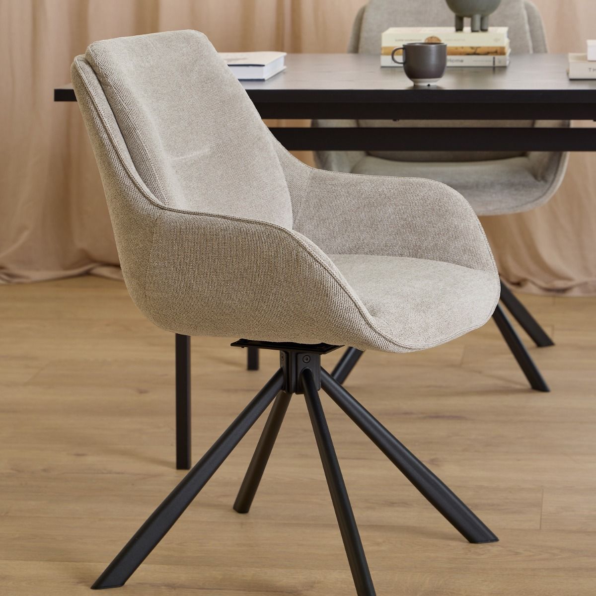 Angus Dining Table in Black 200x90cm includes 4 Carrie Swivel Dining Chairs in Sand