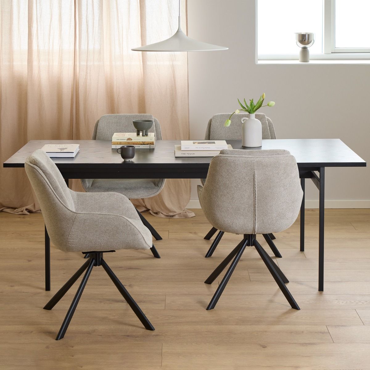 Angus Dining Table in Black 200x90cm includes 4 Carrie Swivel Dining Chairs in Sand