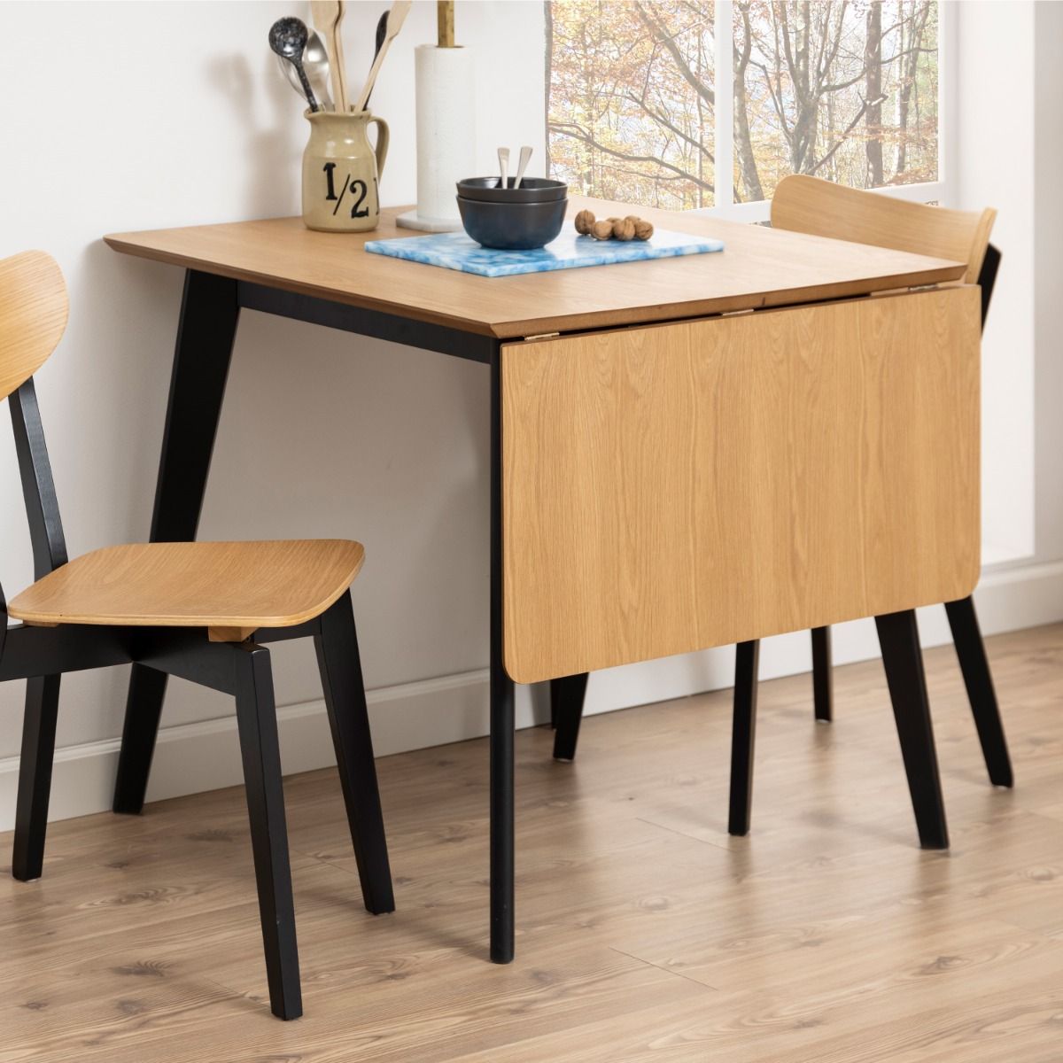 Roxby Extending Dining Table 120x80cm in Oak & Black includes 4 Roxby Dining Chairs in Black and Oak