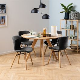 Townsville Round Dining Table in White and Oak 100x100cm includes 4 Batilda Dining Chairs with Grey Fabric and Oak