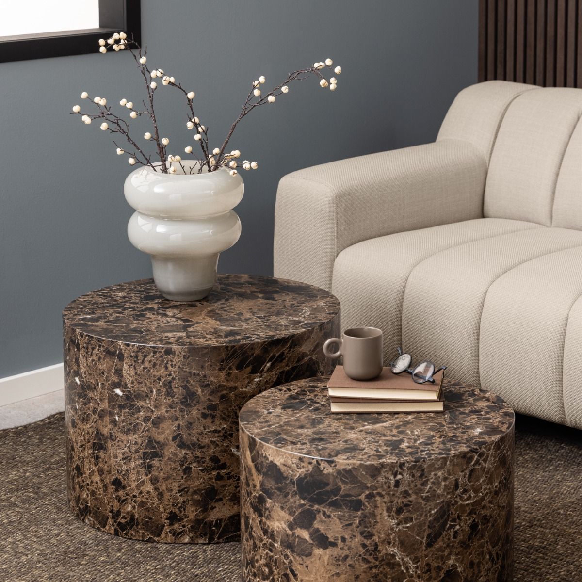Dice Round Coffee Table Set of 2 in Brown Marble and Delhi Rough Paper