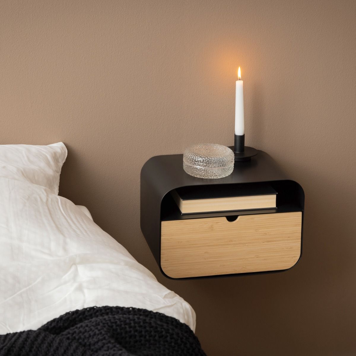 Joliet 1 Drawer Wall Mounted Bedside Table Oval in Black and Bamboo