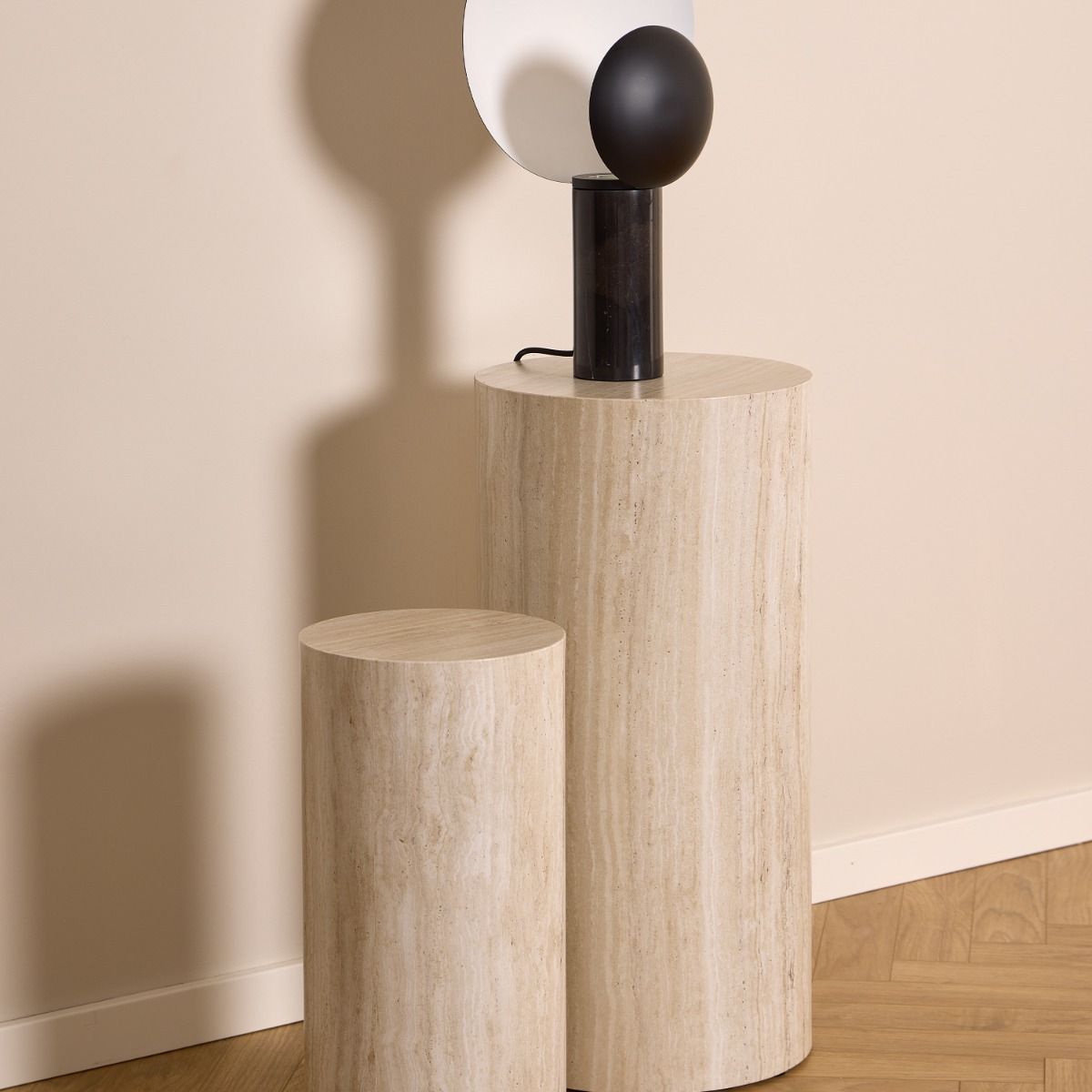Dice Round Pedestal Set of 2 in Travertine Rough Paper