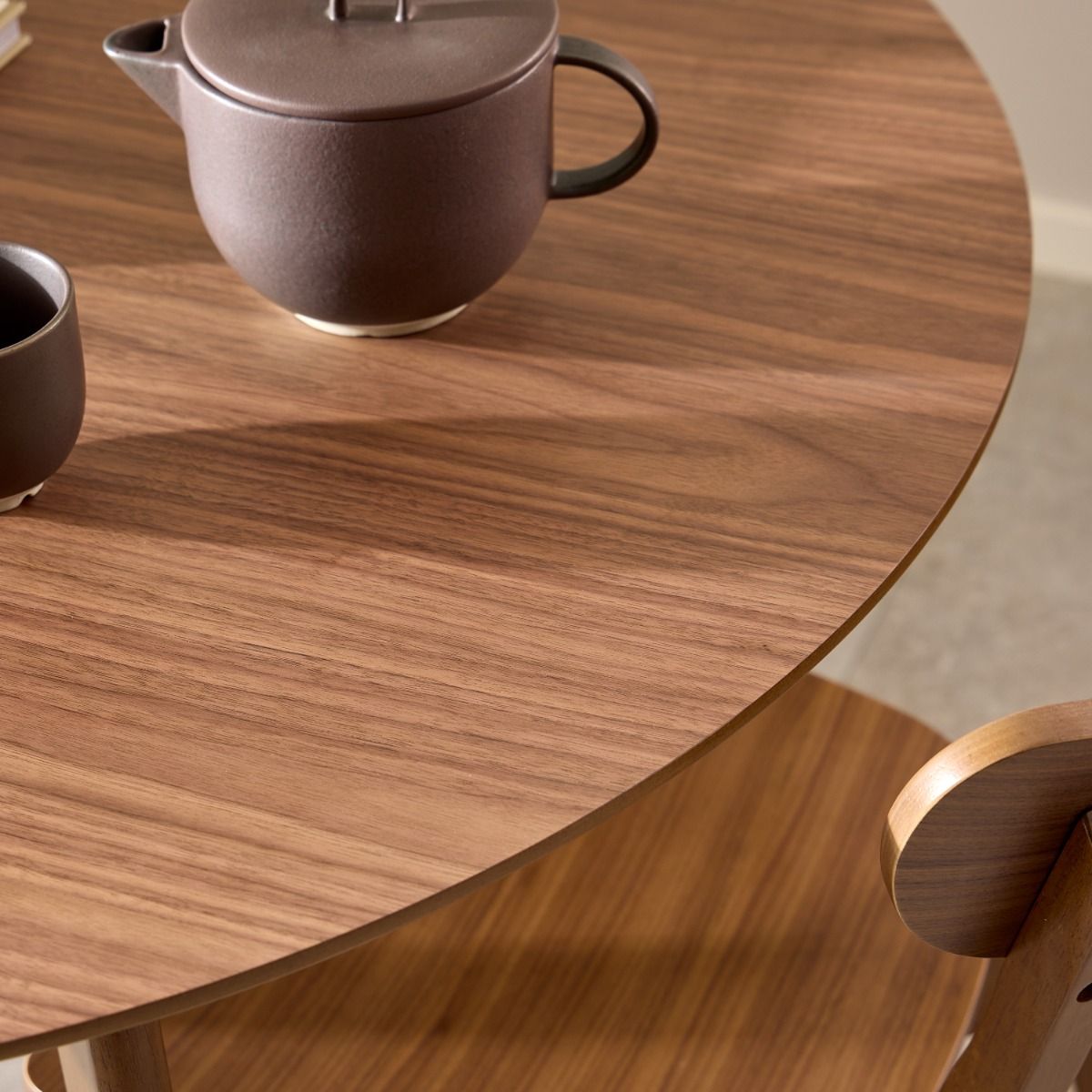 Roxby Round Dining Table in Walnut 105x105cm includes 4 Roxby Dining Chairs in Walnut