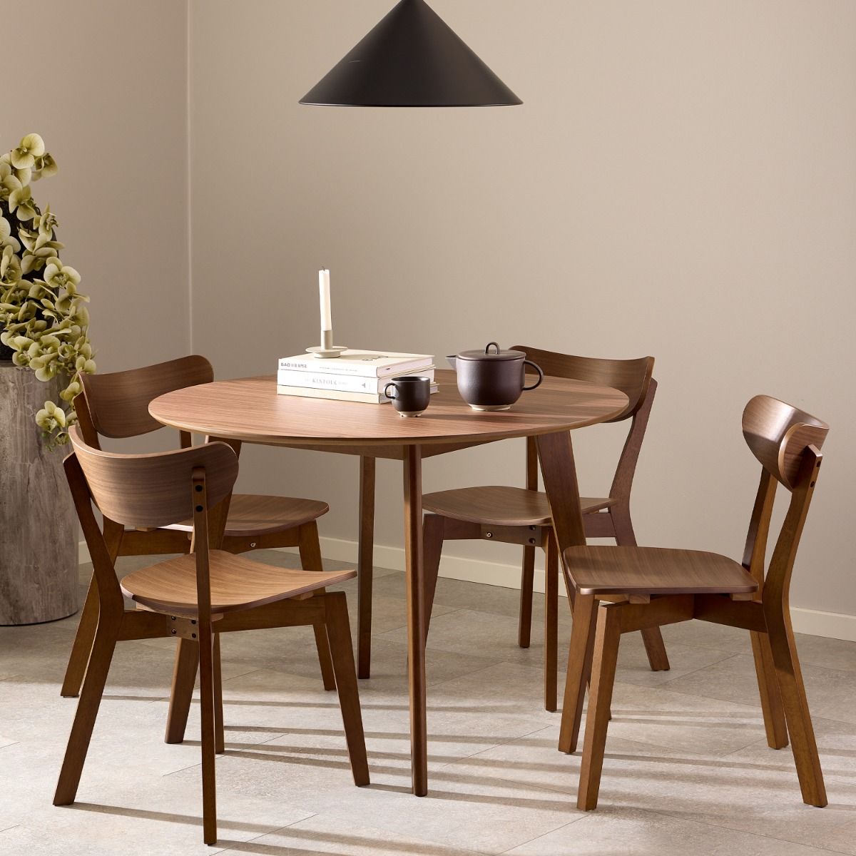 Roxby Round Dining Table in Walnut 120x120cm includes 4 Roxby Dining Chairs in Walnut