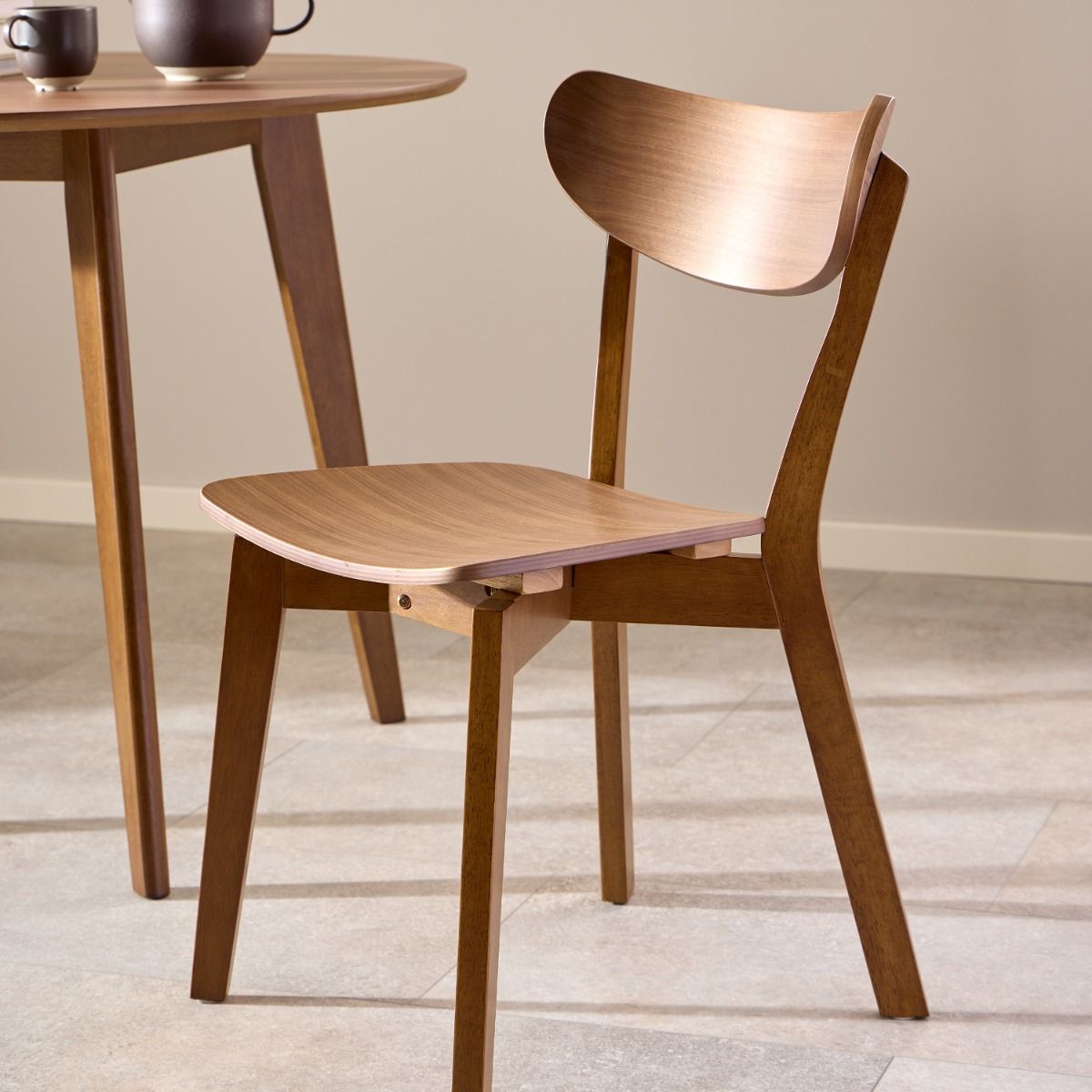 Roxby Round Dining Table in Walnut 120x120cm includes 4 Roxby Dining Chairs in Walnut