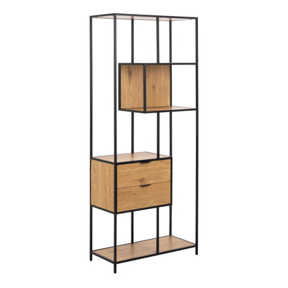 Seaford Tall Wild Oak Metal 2 Drawer Bookcase With 4 Shelves