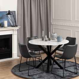 Heaven Round Dining Table with White Polished Marble Top 110x110cm includes 4 I_Oregon Dining Chairs In Black with Cream Stitching